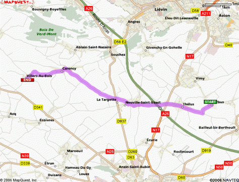 Vimy map - Front to Villers-au-bois